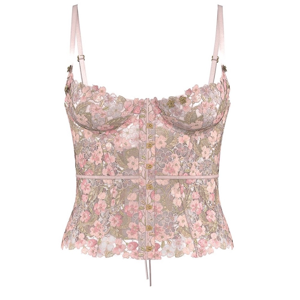 Victoria's Secret Atelier Enchanted Garden pink silk lace Embroidery Corset Top
